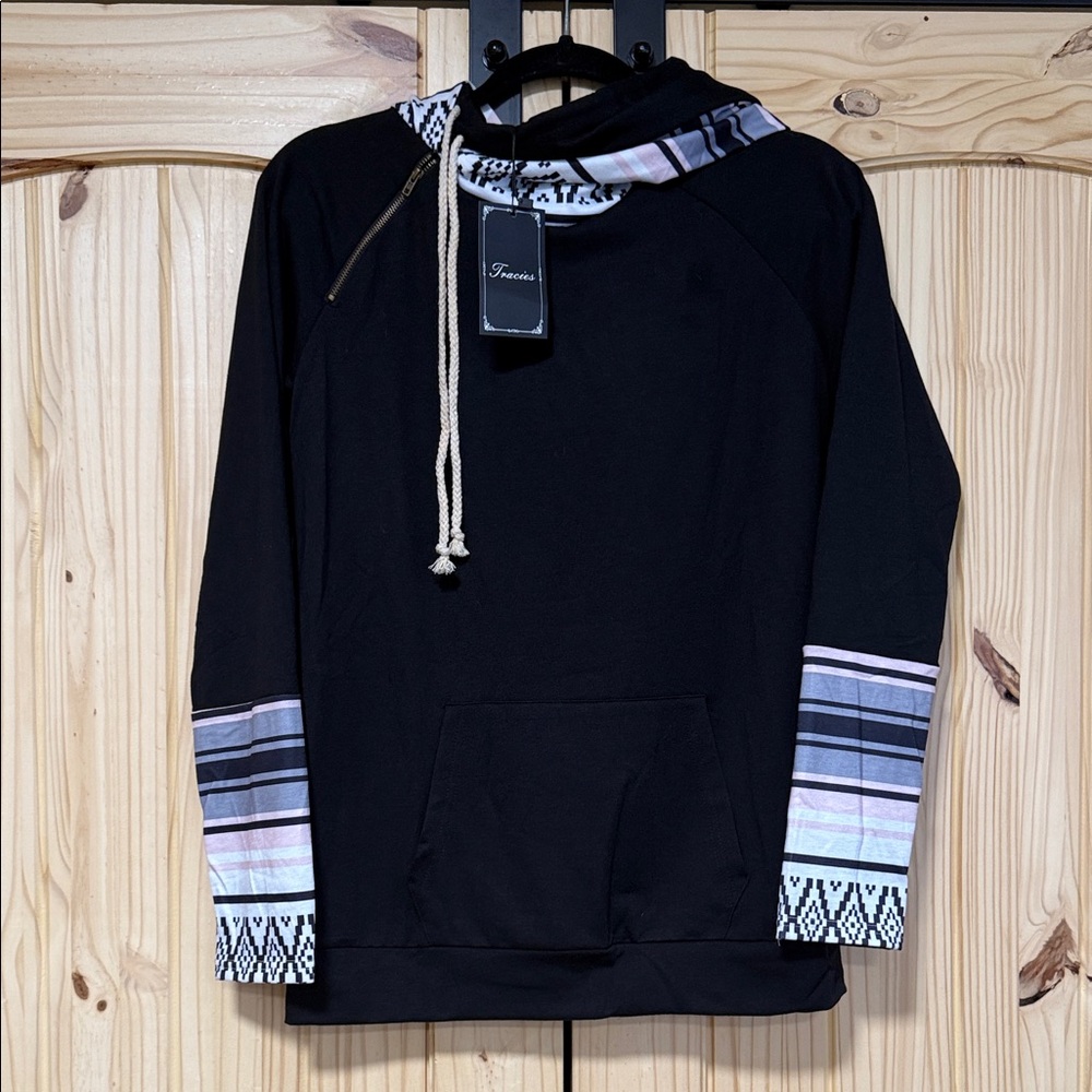 Black Hoodie with Patterned Sleeves
